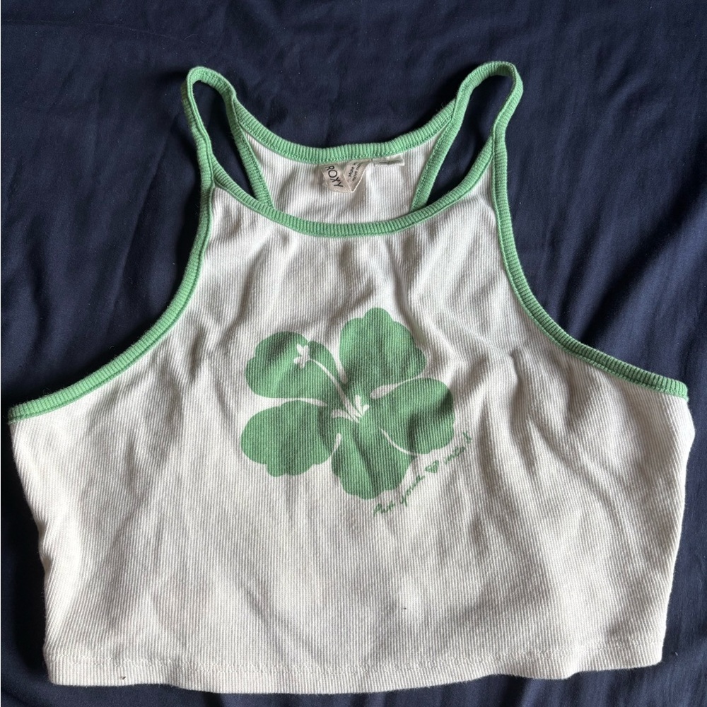 Roxy Green and White Crop Top with Floral Design